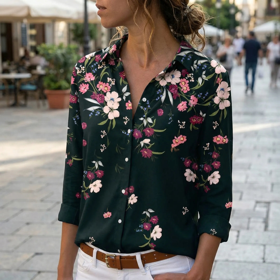 Blossenta - Long Sleeve Floral Button-Down Blouse
