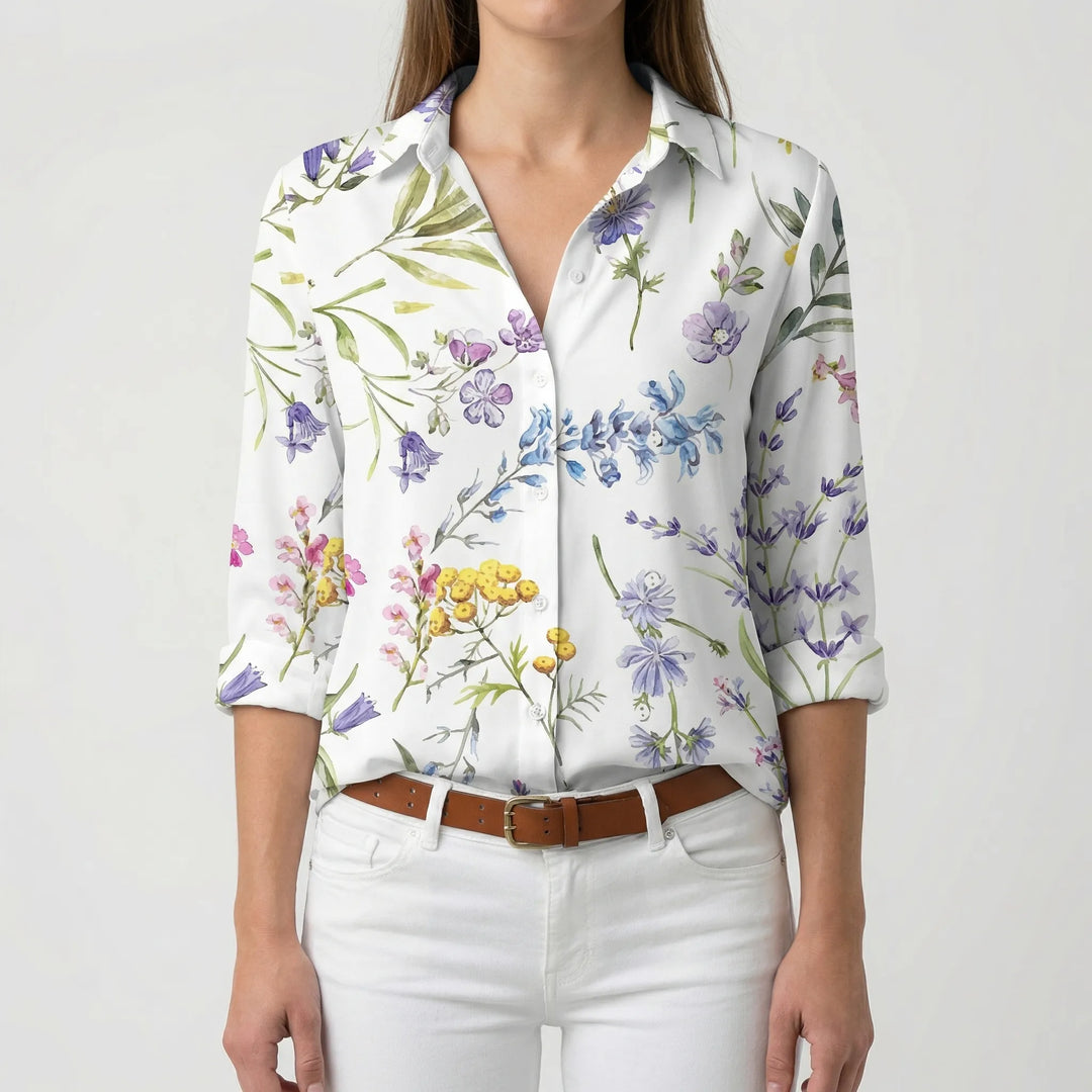 Blossenta - Long Sleeve Floral Button-Down Blouse