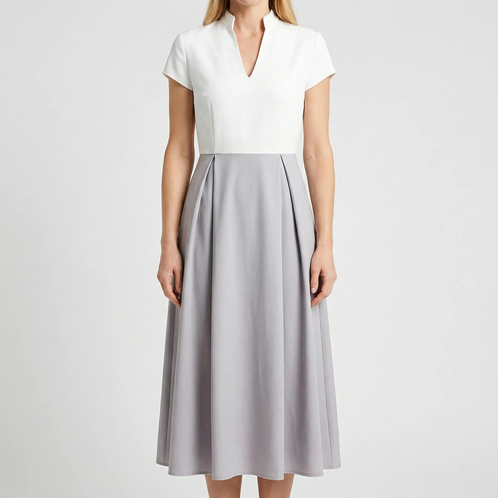 Blovetia - Colorblock V-Neck Flared Midi Dress
