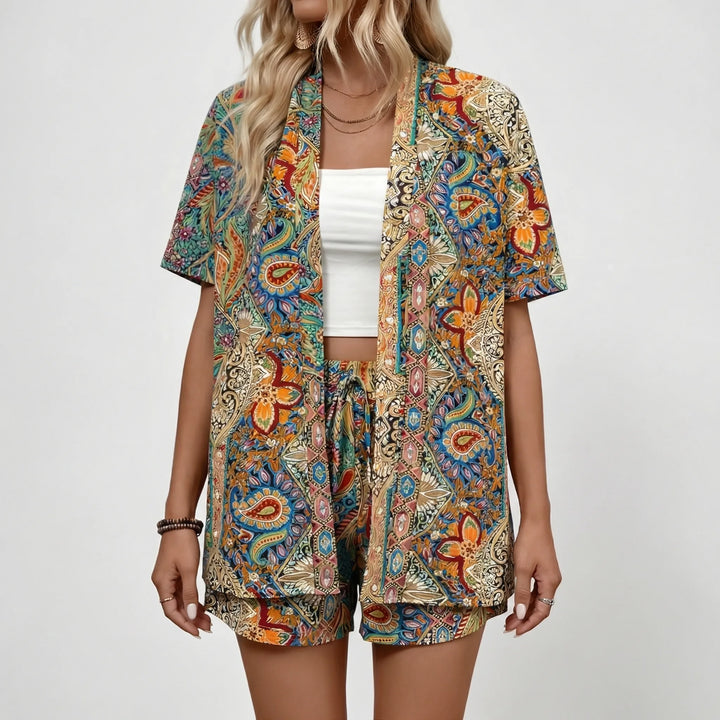 Boholux - Floral Print Kimono Shirt And Shorts Set