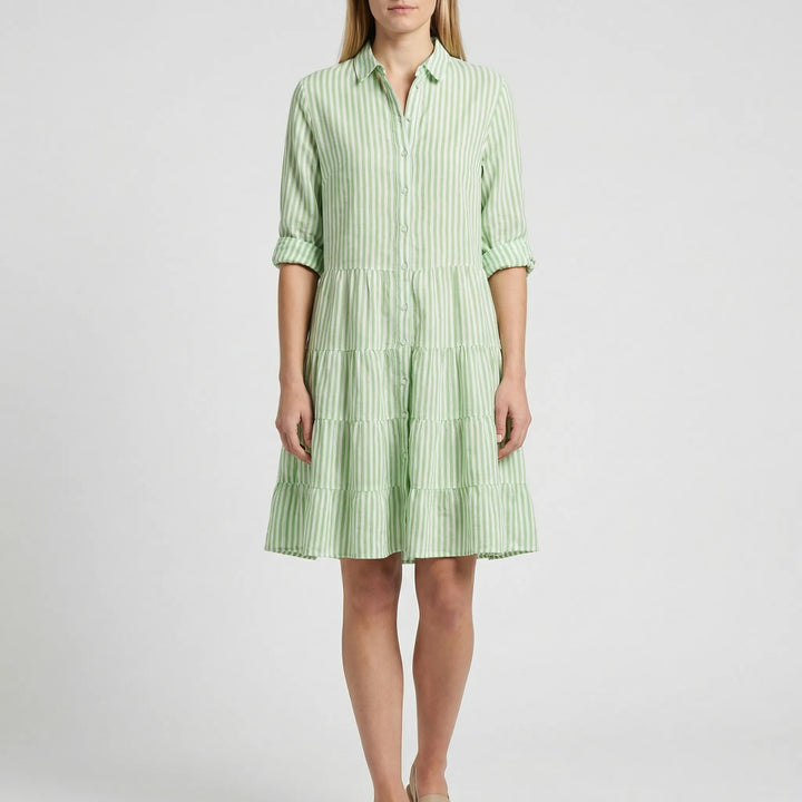 Breezelle - Tiered Striped Button-Front Dress