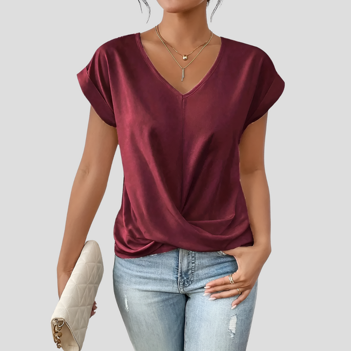 Kvinnors V-ringad Blus med Draperad Nedre Del