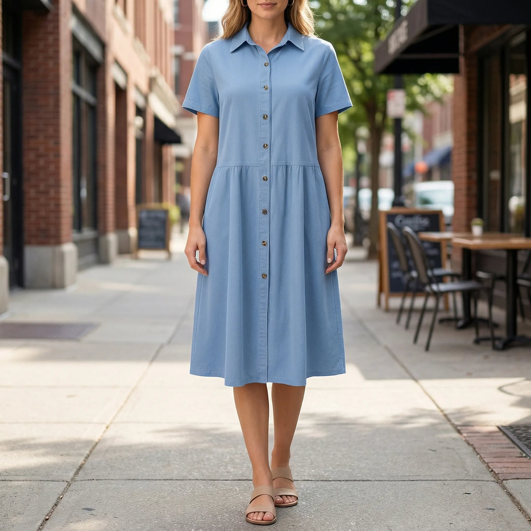 Chambray - Button-Down Tiered Midi Dress