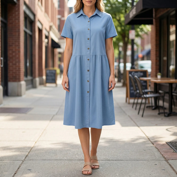 Chambray - Button-Down Tiered Midi Dress