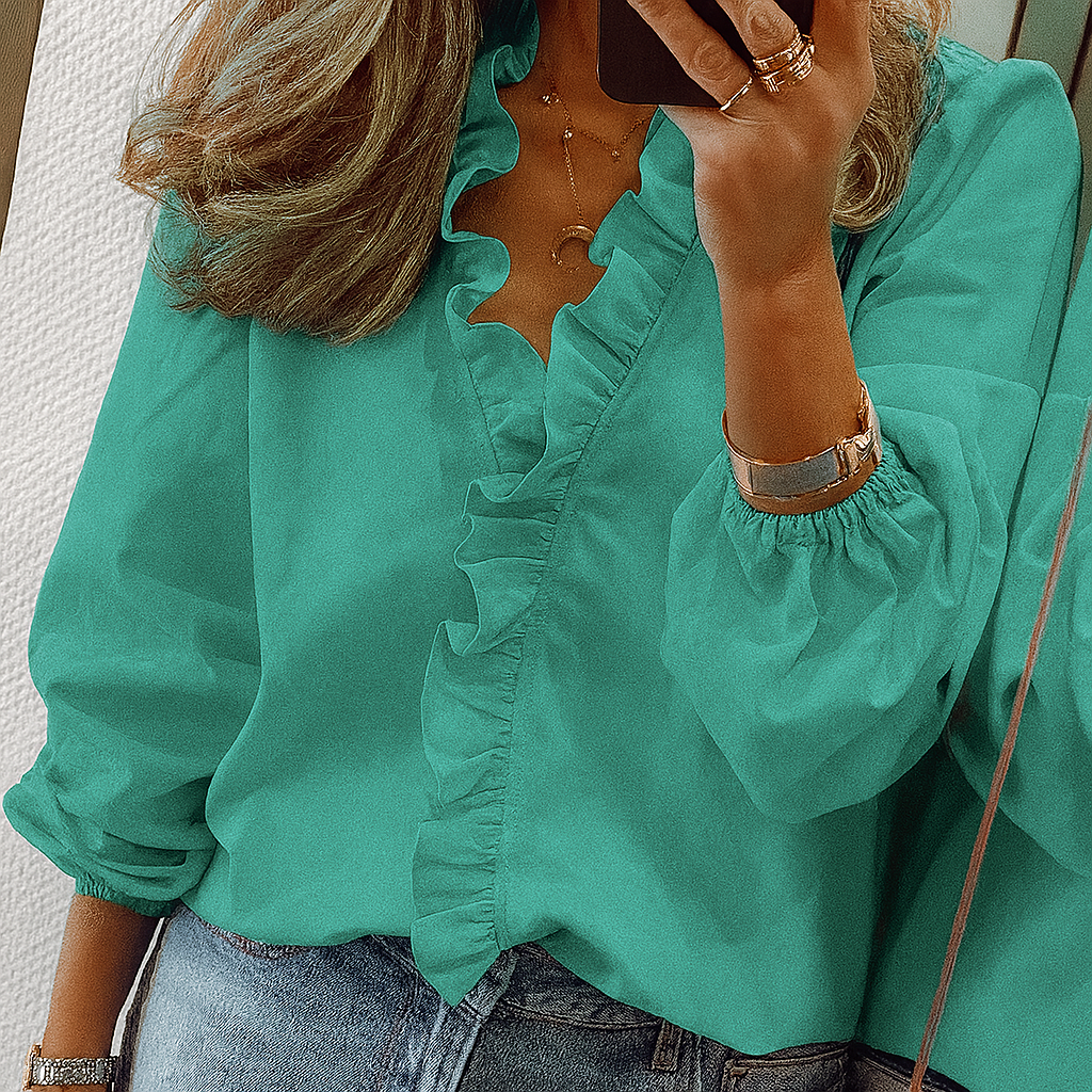 Teal Ruffle Trim Blus med Puffärmar