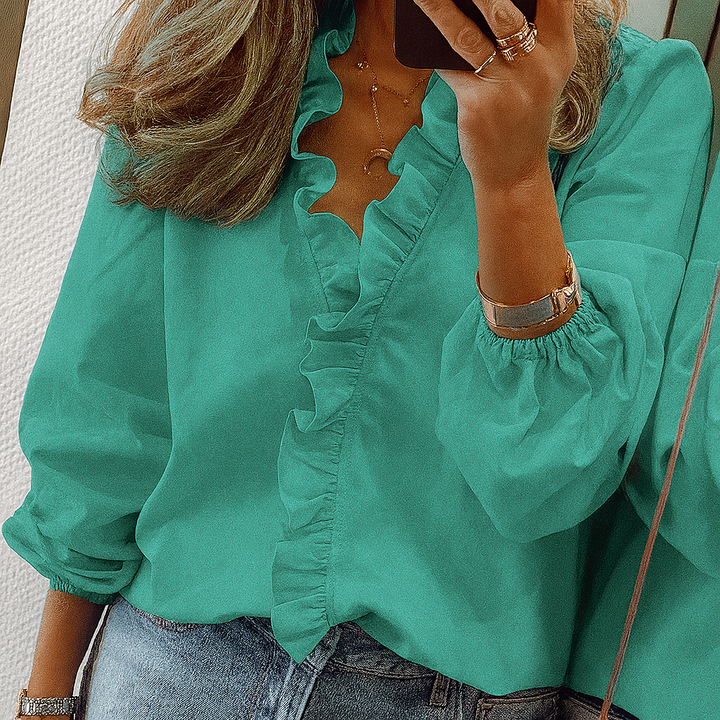 Teal Ruffle Trim Blus med Puffärmar