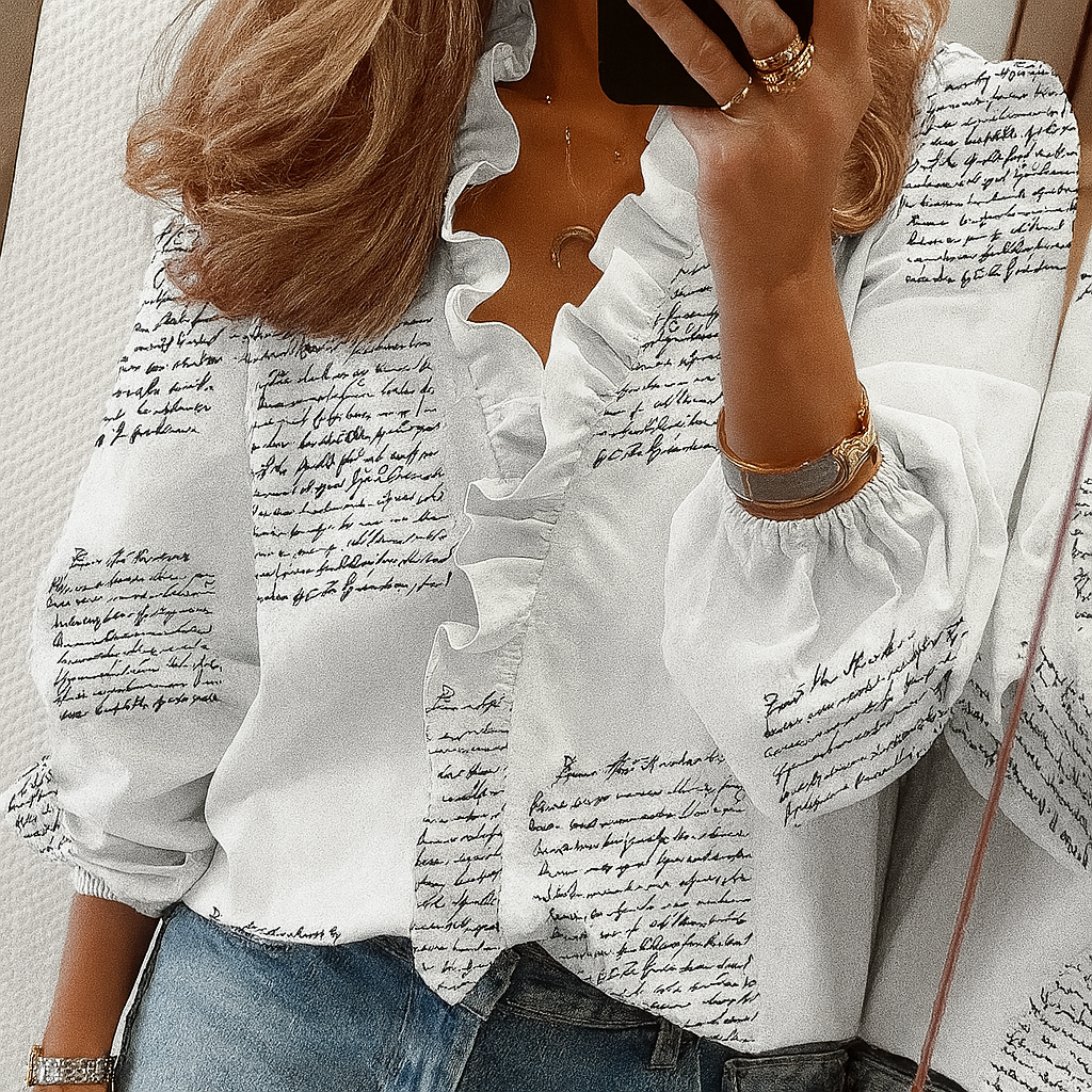Teal Ruffle Trim Blus med Puffärmar