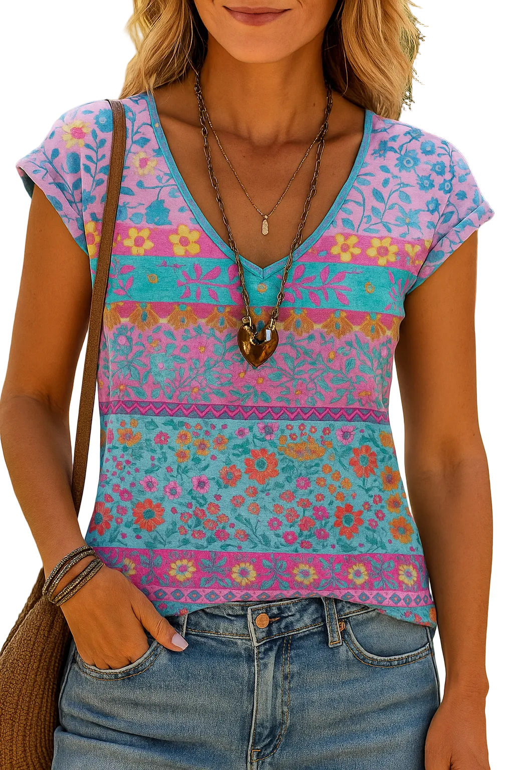 Avslappnad T-Shirt med Blommotiv och V-Ringning
