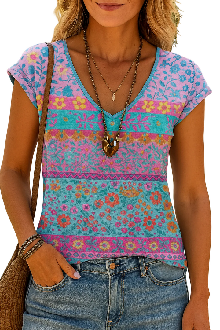 Avslappnad T-Shirt med Blommotiv och V-Ringning
