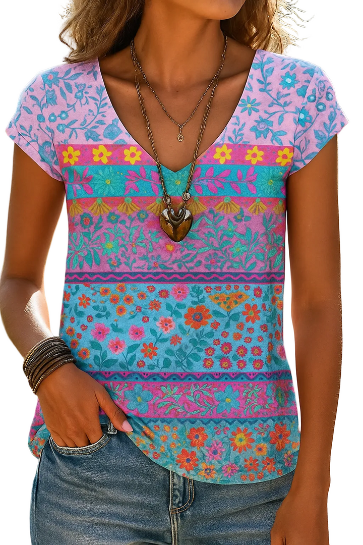 Avslappnad T-Shirt med Blommotiv och V-Ringning