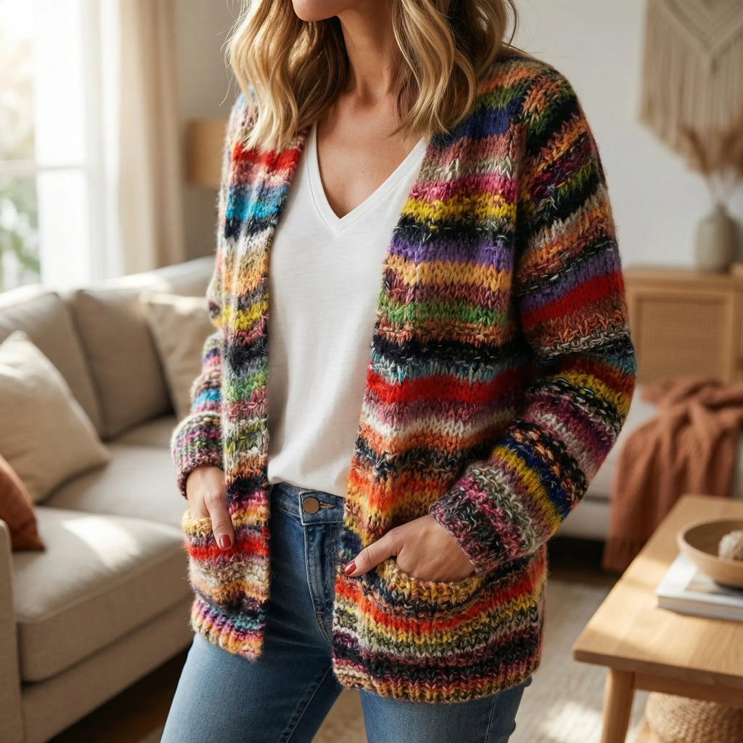 Chromova - Open-Front Striped Knit Cardigan
