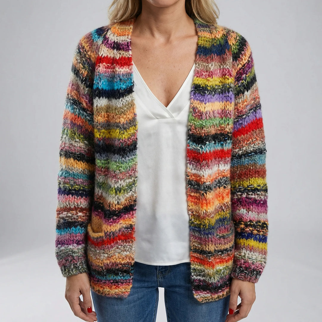 Chromova - Open-Front Striped Knit Cardigan