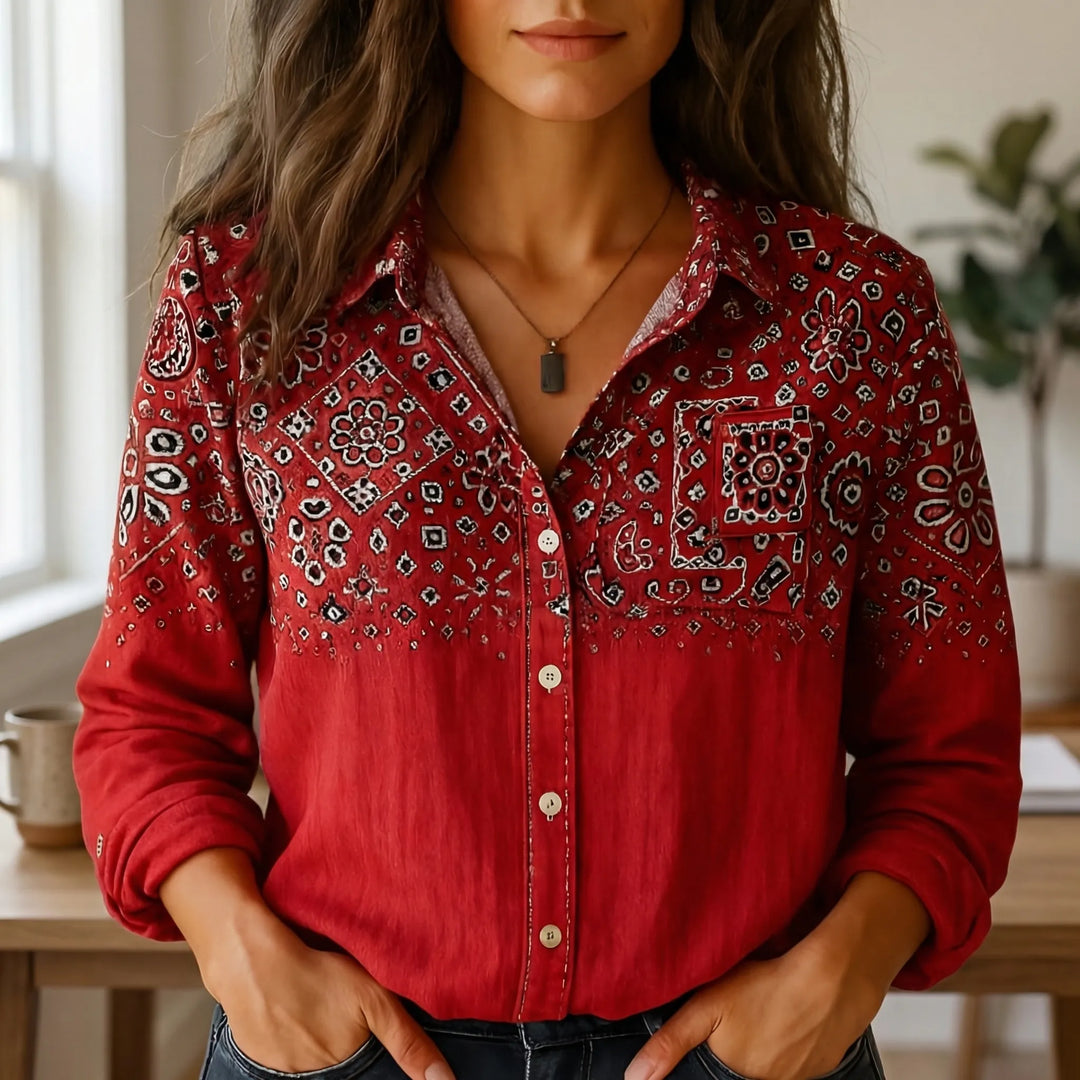 Clayvera - Boho-Print Long Sleeve Button-Down Shirt