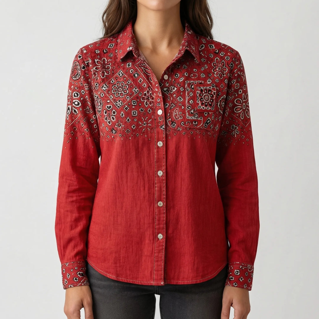 Clayvera - Boho-Print Long Sleeve Button-Down Shirt