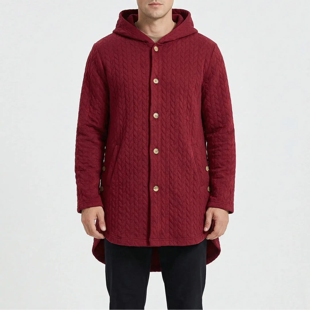 Cozwyn - Hooded Button-Front Textured Coat