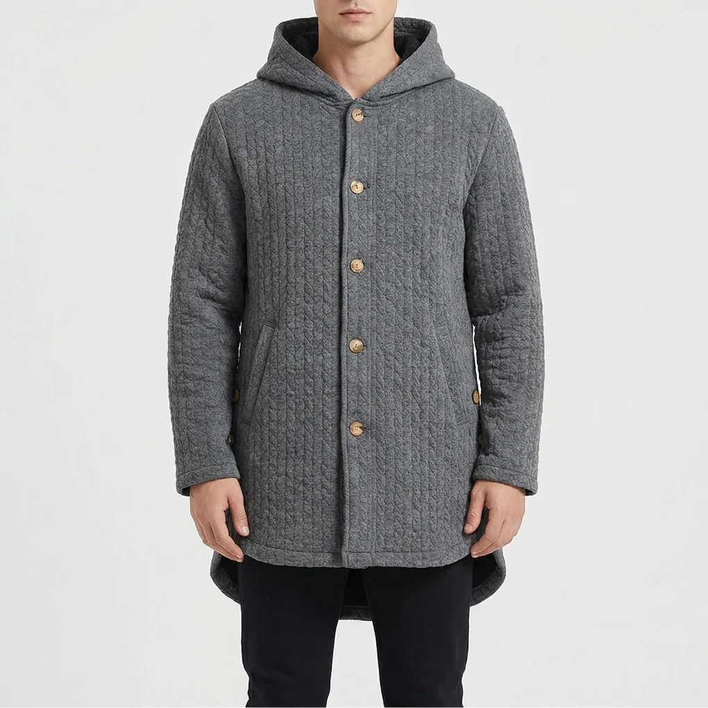 Cozwyn - Hooded Button-Front Textured Coat