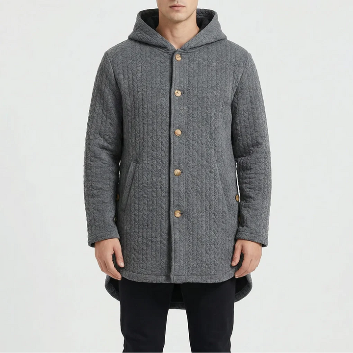 Cozwyn - Hooded Button-Front Textured Coat