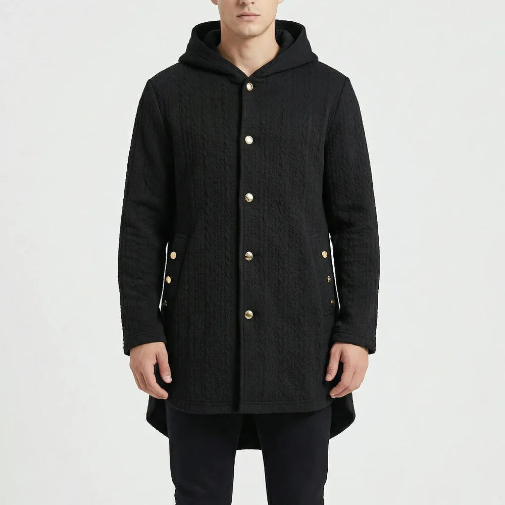 Cozwyn - Hooded Button-Front Textured Coat