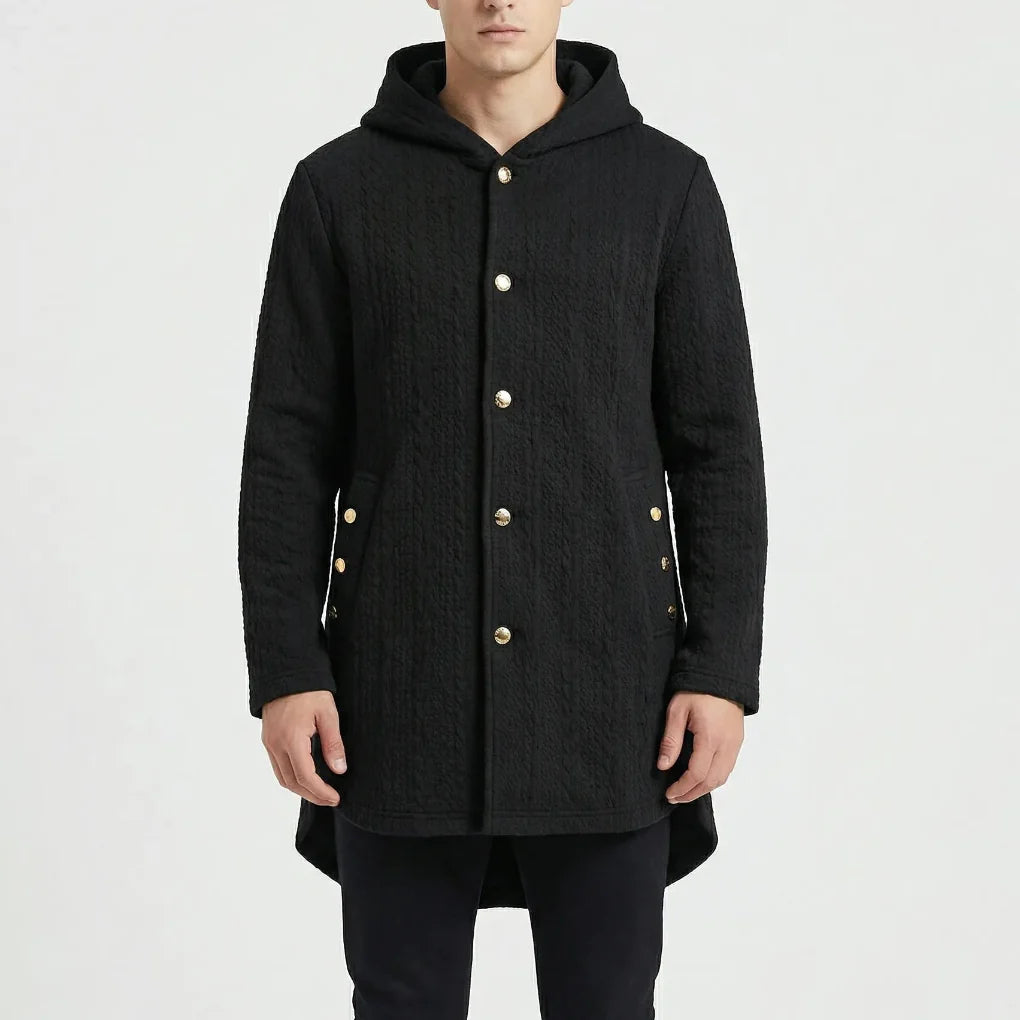 Cozwyn - Hooded Button-Front Textured Coat