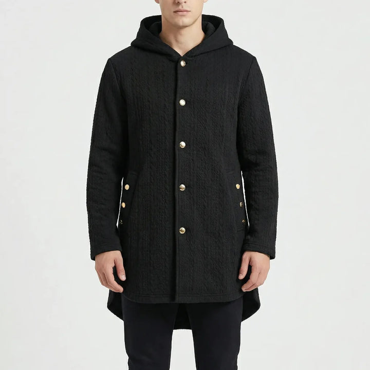 Cozwyn - Hooded Button-Front Textured Coat