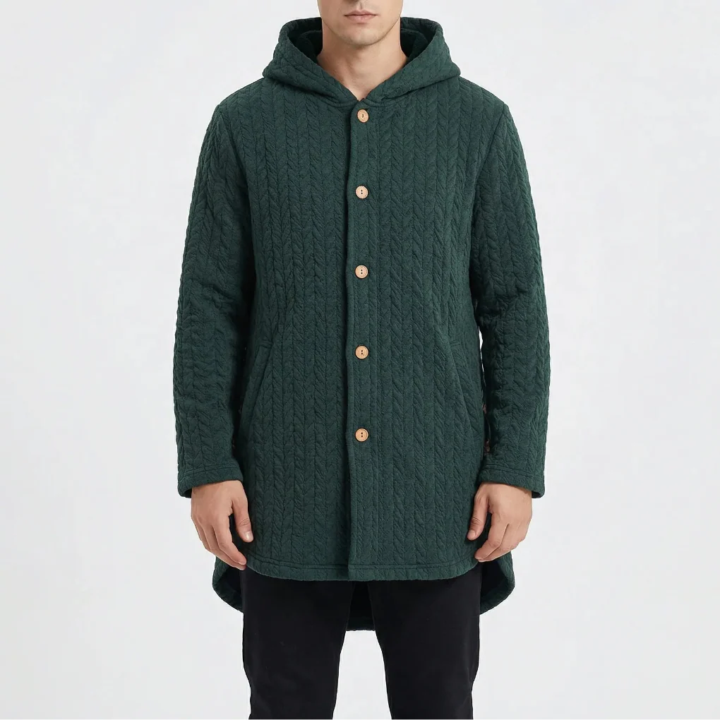 Cozwyn - Hooded Button-Front Textured Coat