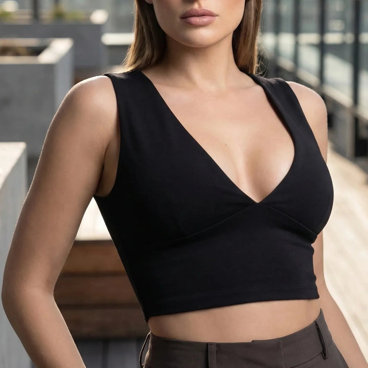 Cutova - Deep V Neck Sleeveless Cropped Top