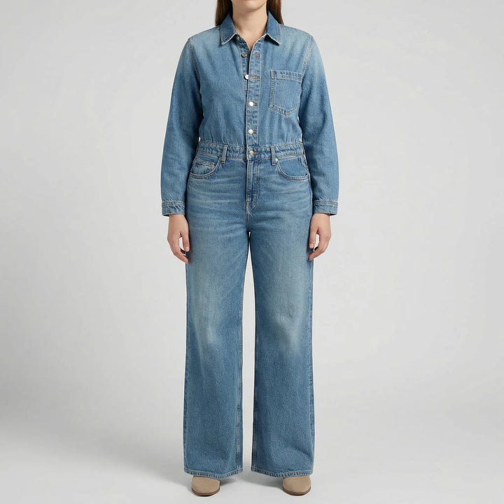 Denivelle - Long-Sleeve Wide-Leg Denim Jumpsuit