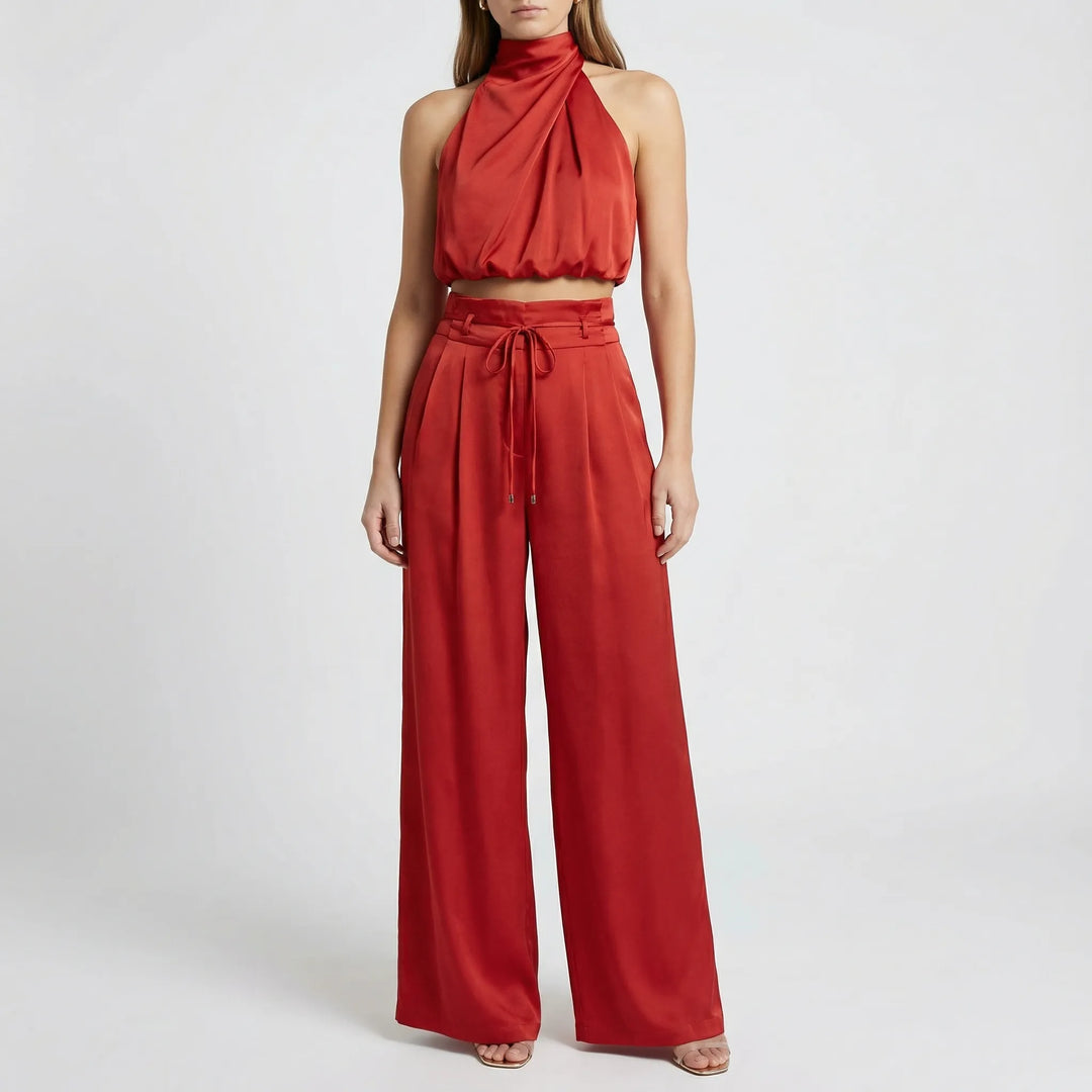 Drapelux - Draped Halter Top And Wide-Leg Trouser Set