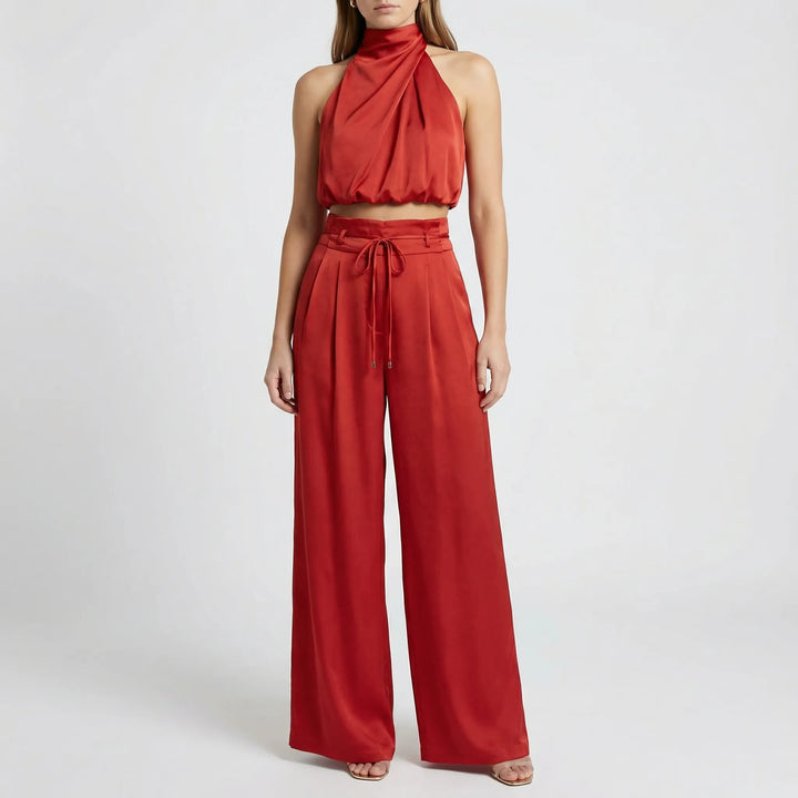 Drapelux - Draped Halter Top And Wide-Leg Trouser Set