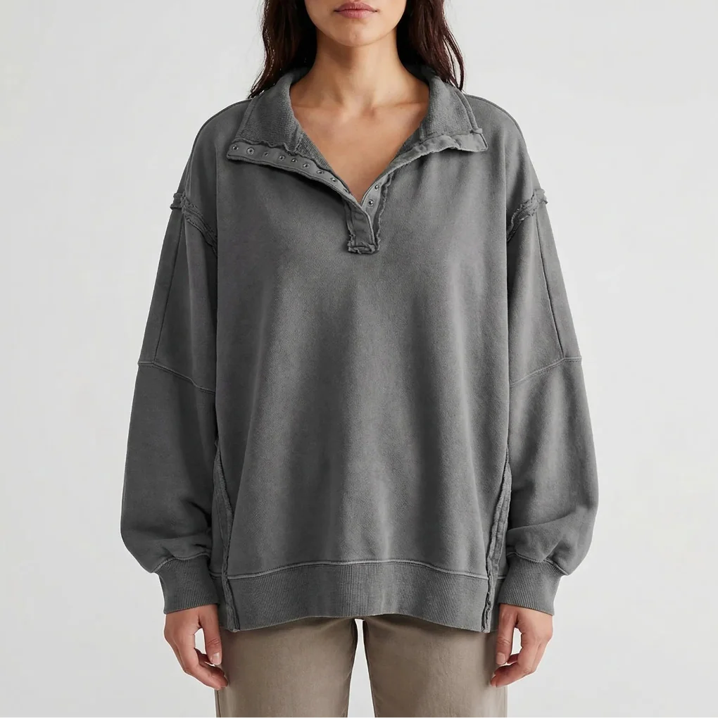 Drapova - Oversized Henley Pullover With Side Split