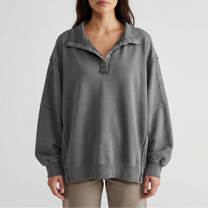 Drapova - Oversized Henley Pullover With Side Split