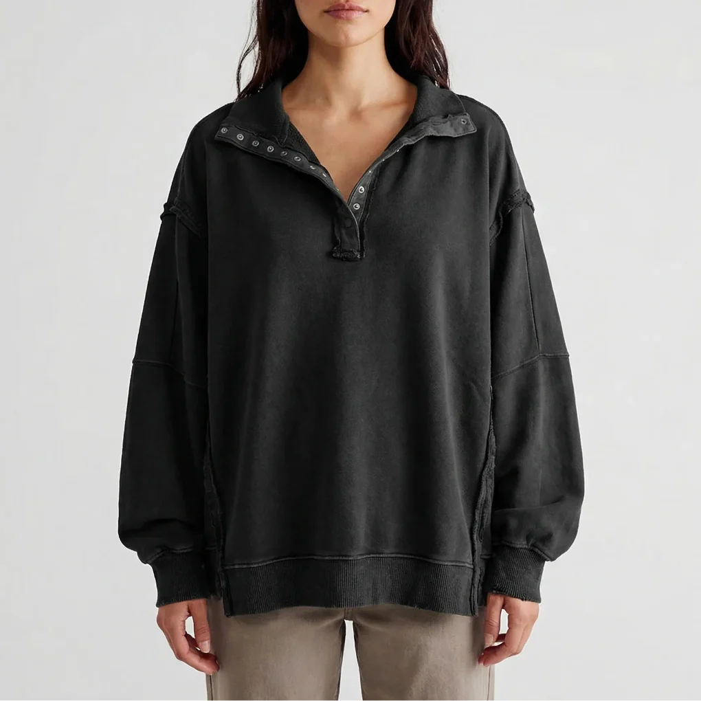 Drapova - Oversized Henley Pullover With Side Split