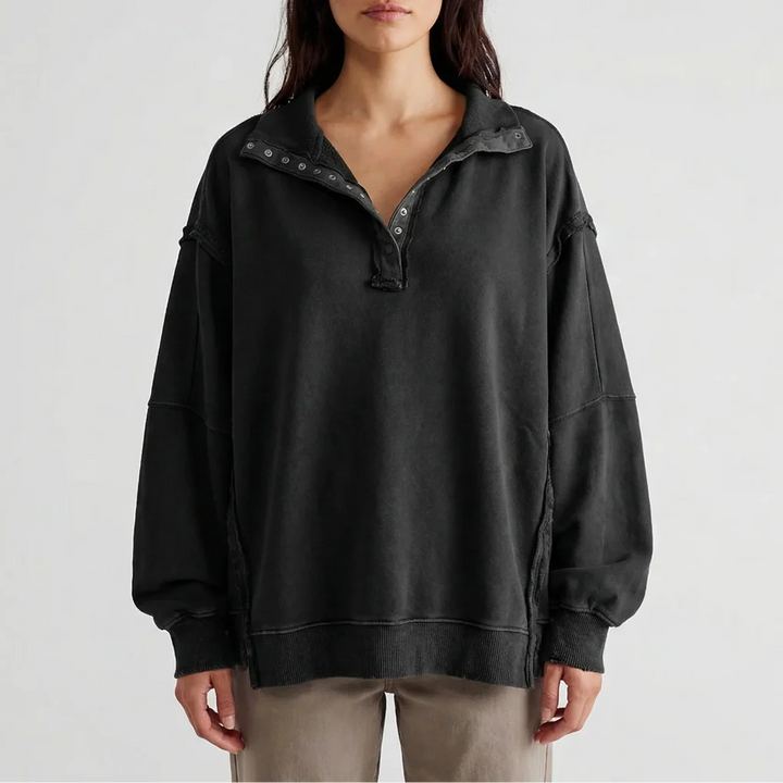 Drapova - Oversized Henley Pullover With Side Split