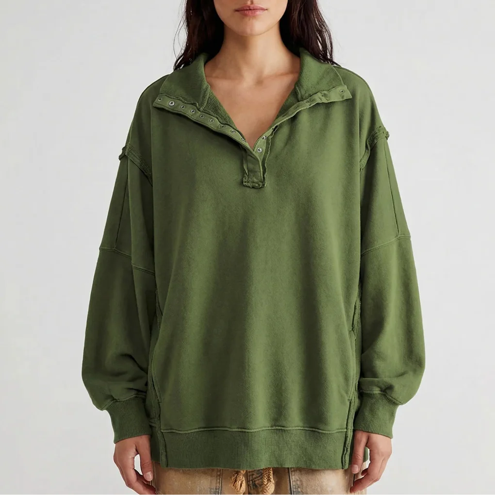 Drapova - Oversized Henley Pullover With Side Split