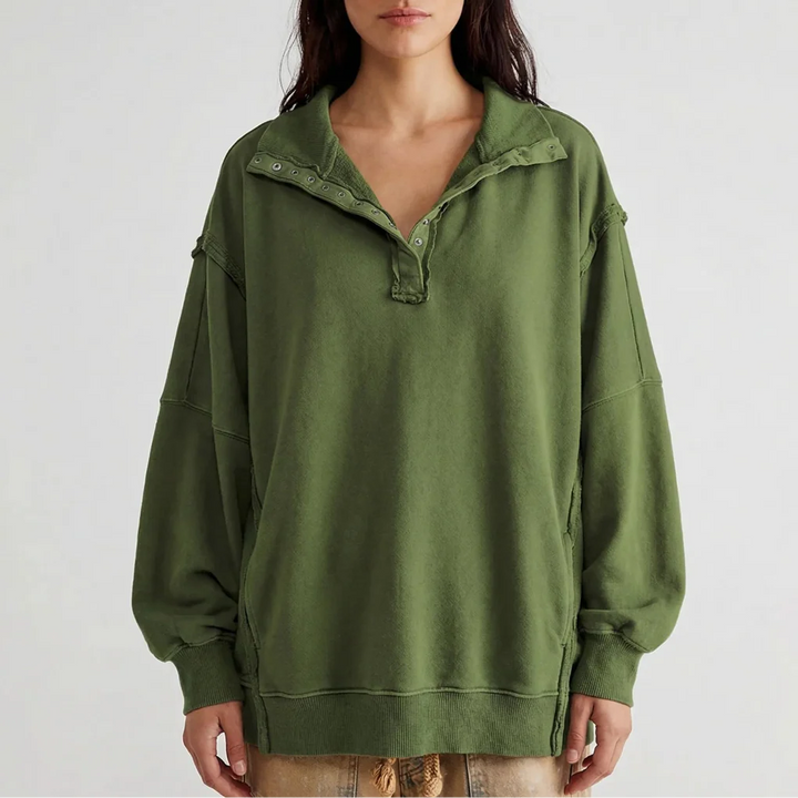 Drapova - Oversized Henley Pullover With Side Split