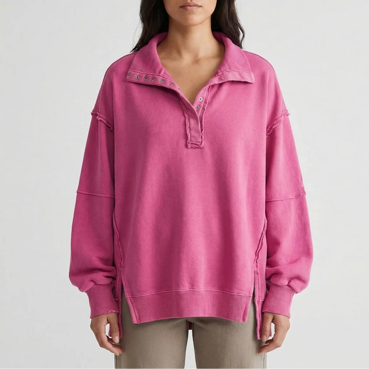 Drapova - Oversized Henley Pullover With Side Split