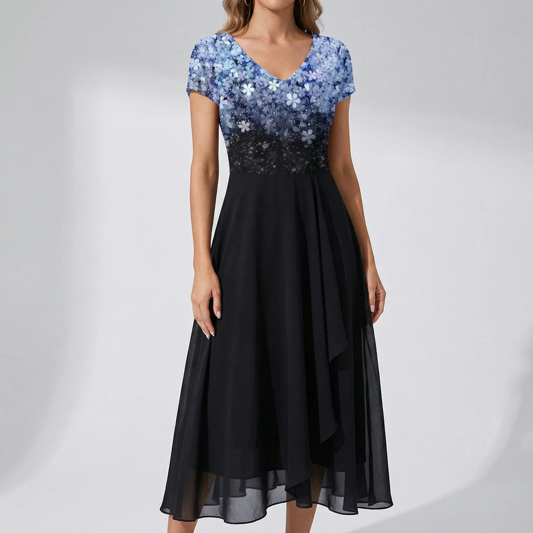 Dravenelle - Floral Print V-Neckline Midi Dress