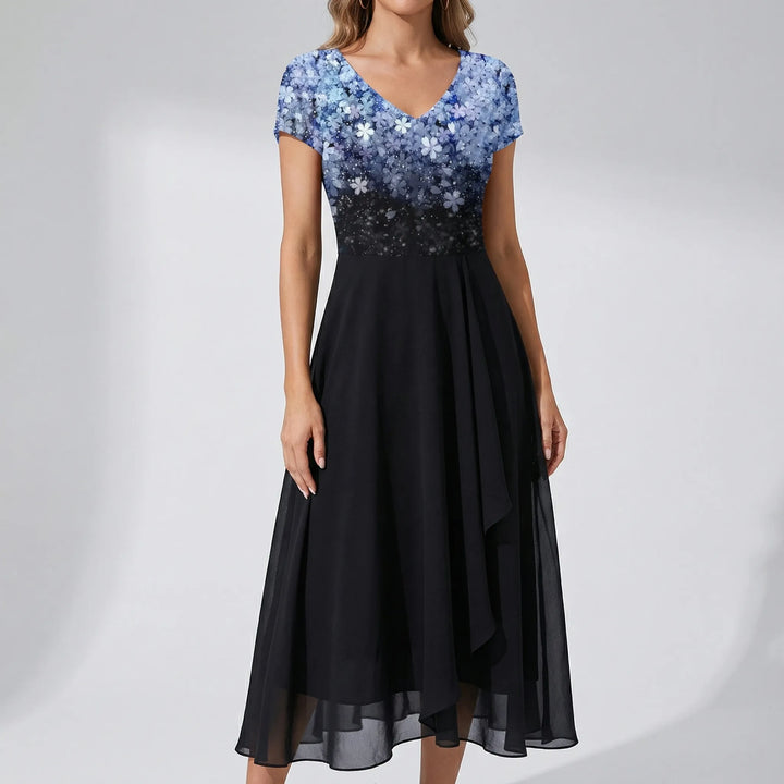Dravenelle - Floral Print V-Neckline Midi Dress
