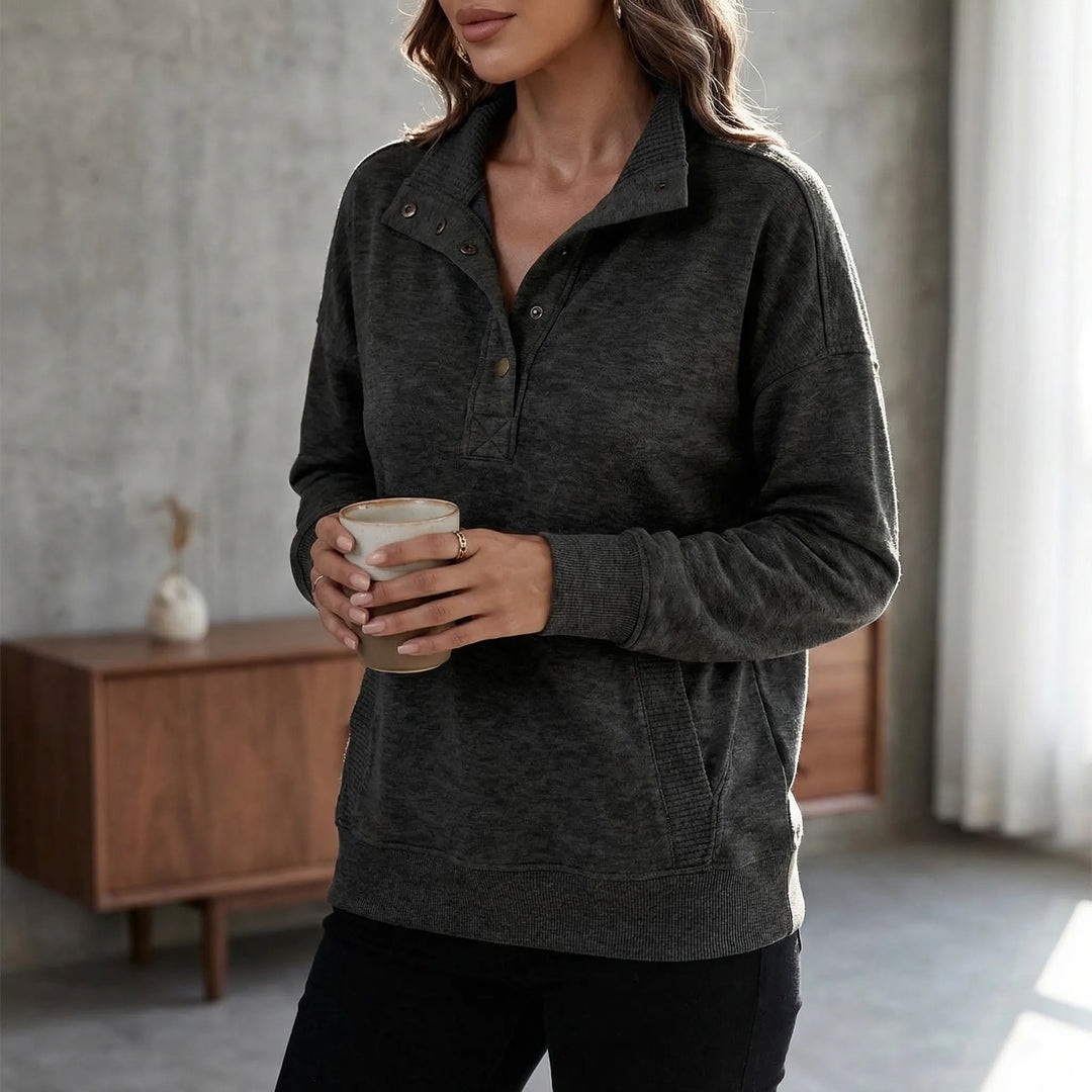 Drawnelle - Stand Neck Button Pullover Sweatshirt