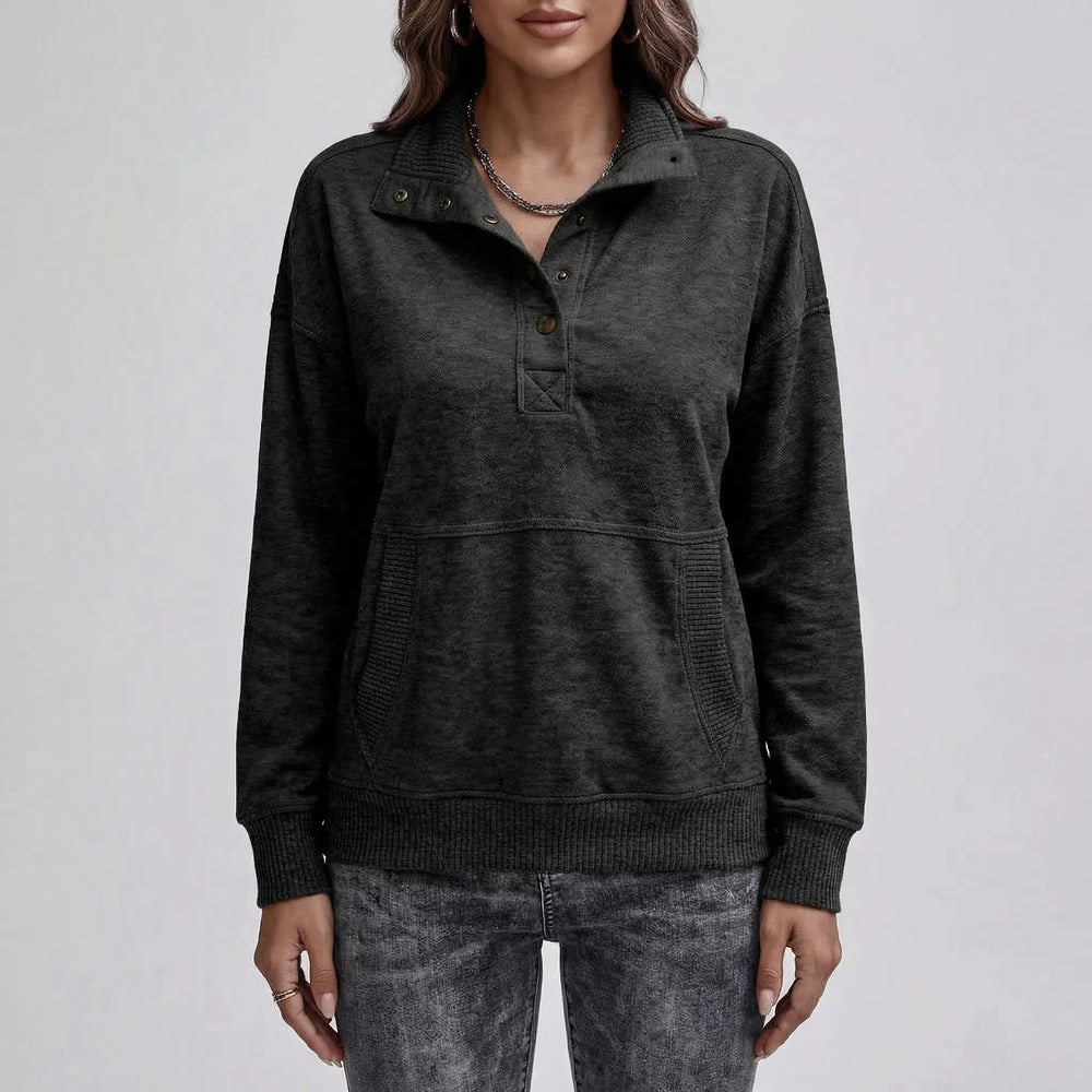 Drawnelle - Stand Neck Button Pullover Sweatshirt