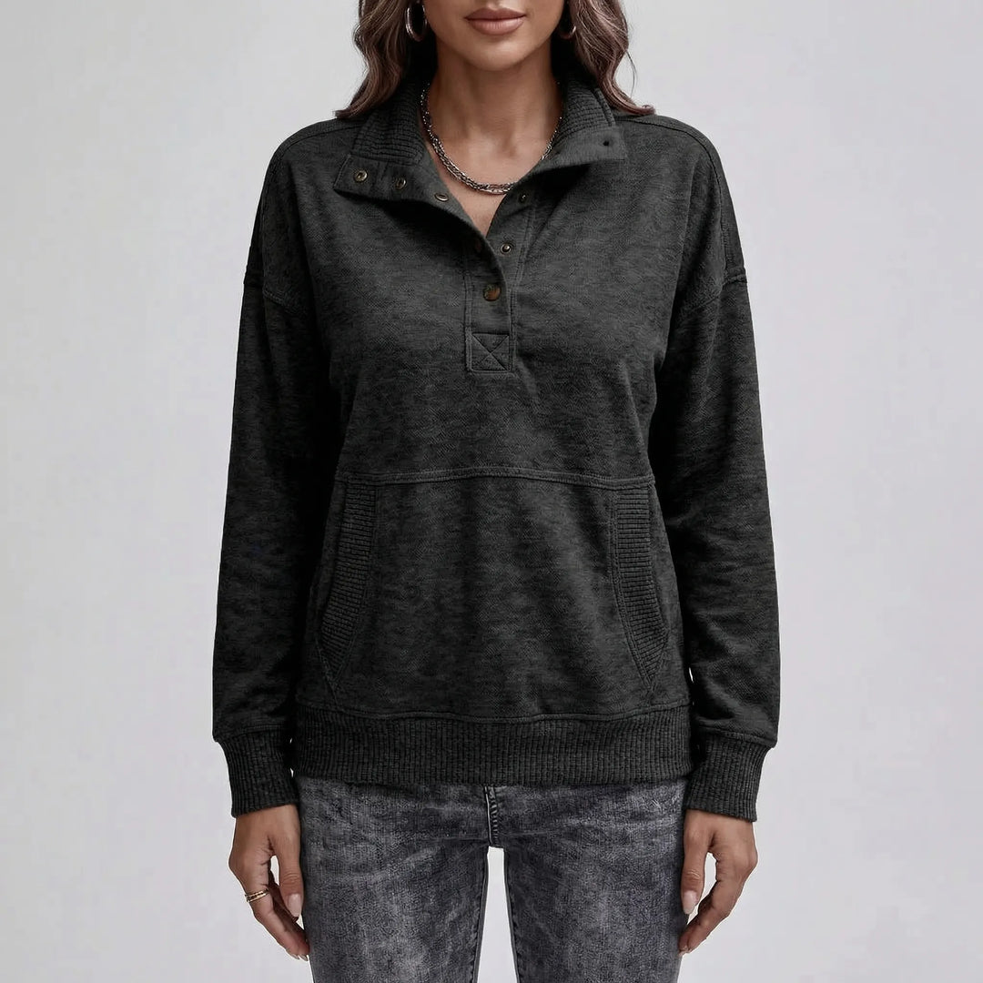 Drawnelle - Stand Neck Button Pullover Sweatshirt