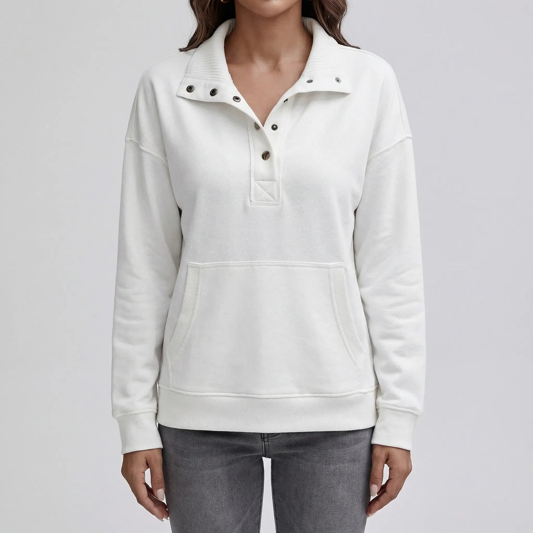 Drawnelle - Stand Neck Button Pullover Sweatshirt