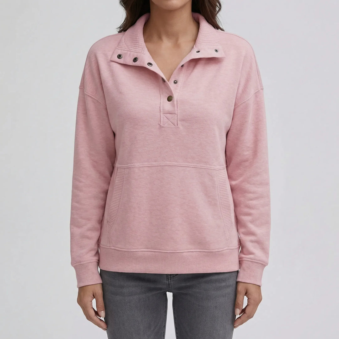 Drawnelle - Stand Neck Button Pullover Sweatshirt