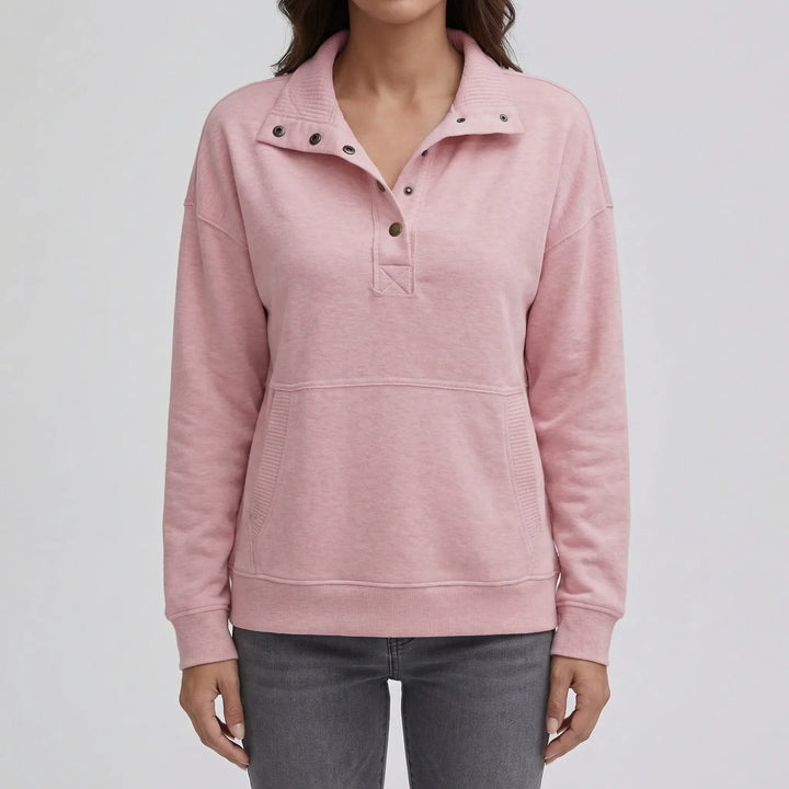 Drawnelle - Stand Neck Button Pullover Sweatshirt