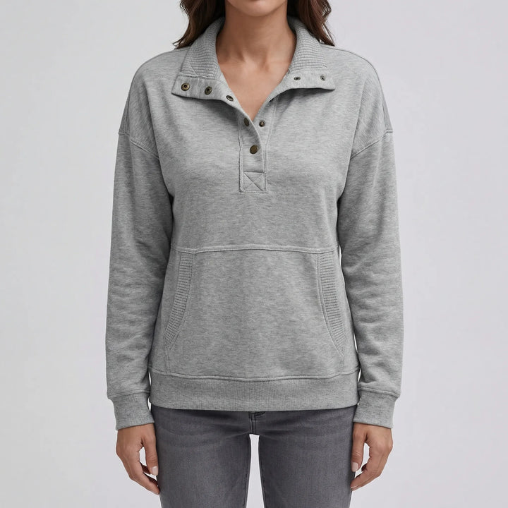Drawnelle - Stand Neck Button Pullover Sweatshirt
