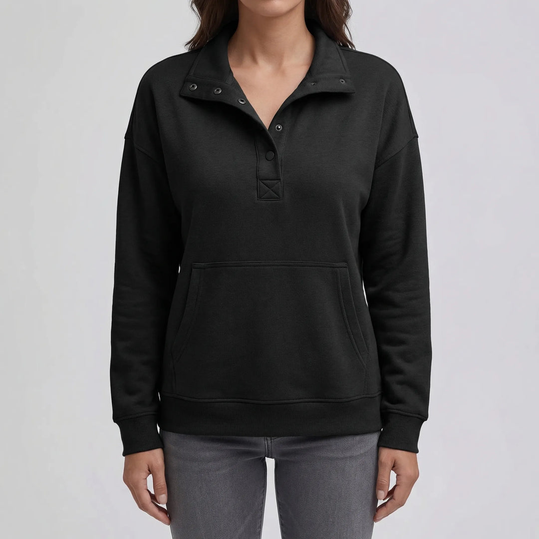 Drawnelle - Stand Neck Button Pullover Sweatshirt