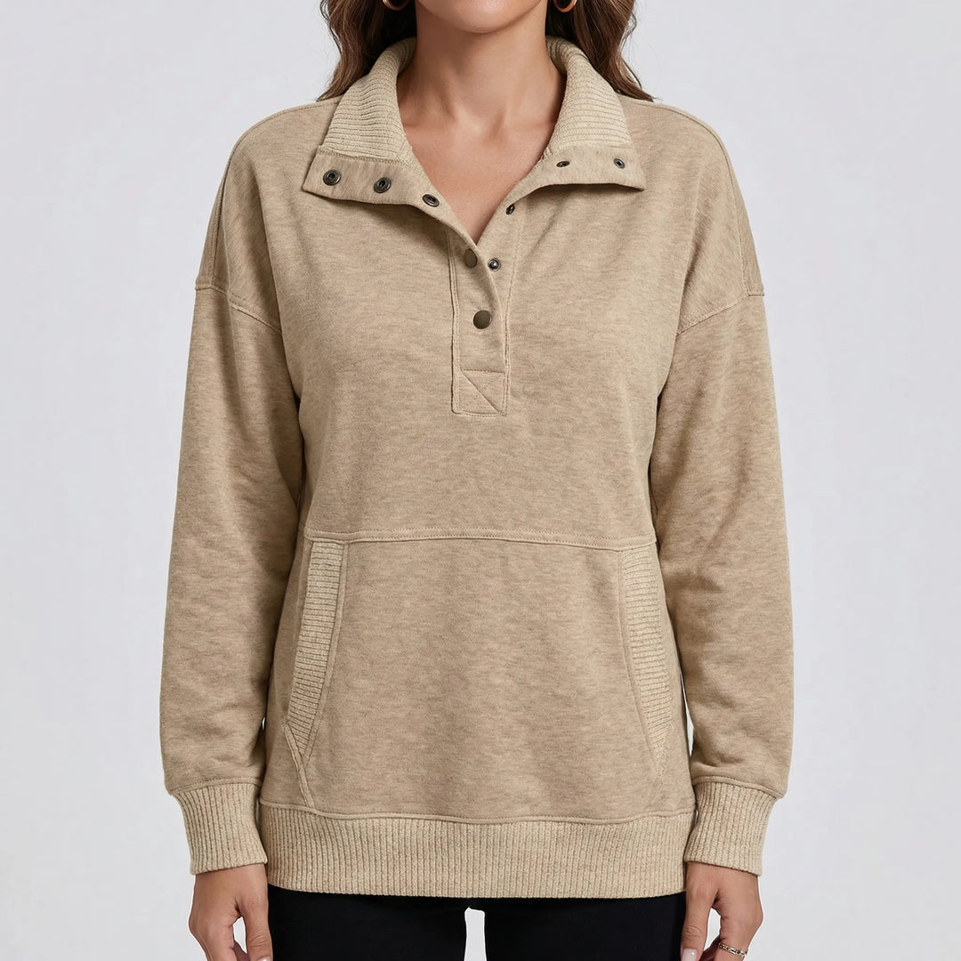 Drawnelle - Stand Neck Button Pullover Sweatshirt