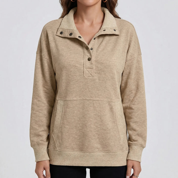 Drawnelle - Stand Neck Button Pullover Sweatshirt