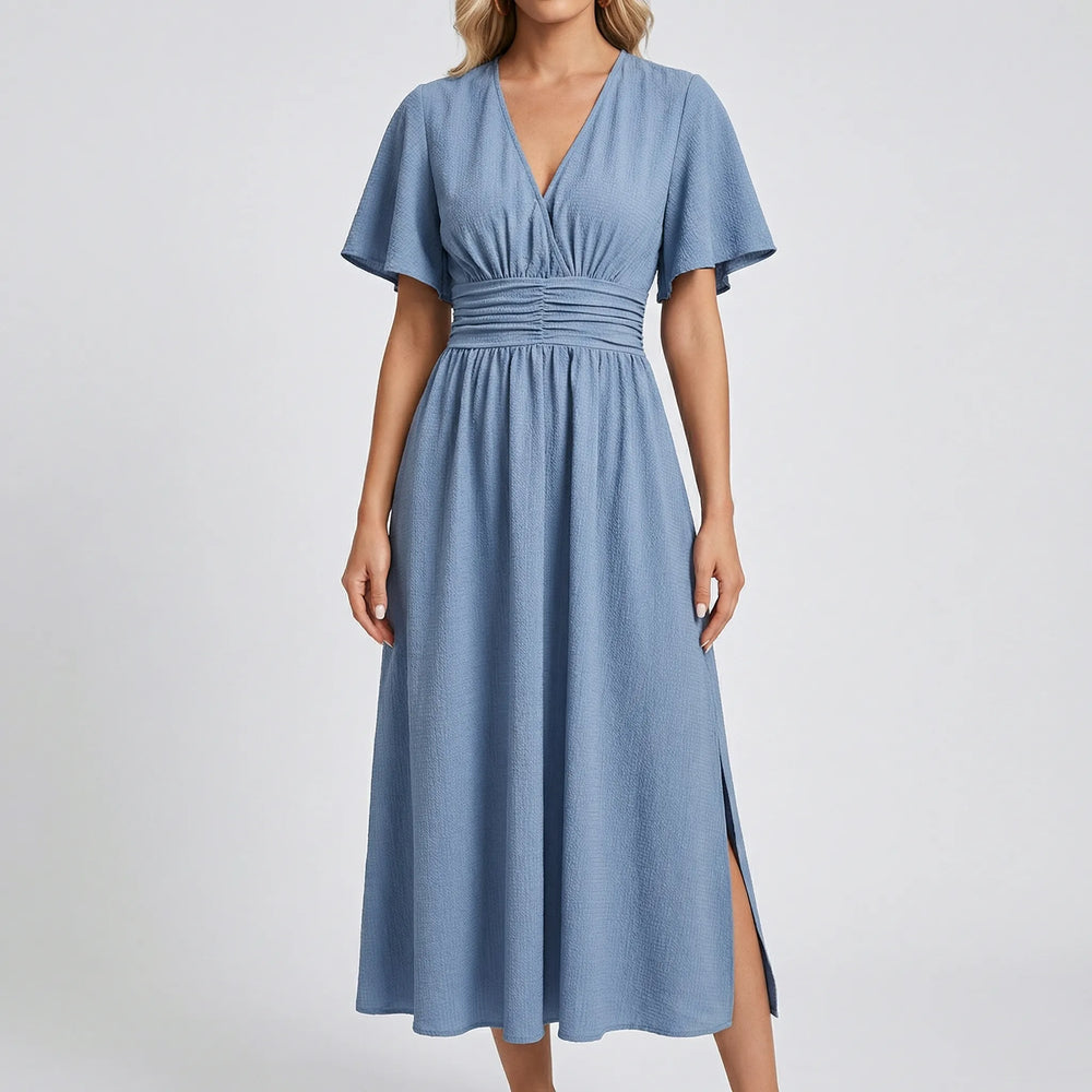 Dressova - V-Neck Midi Dress With Flutter Sleeves