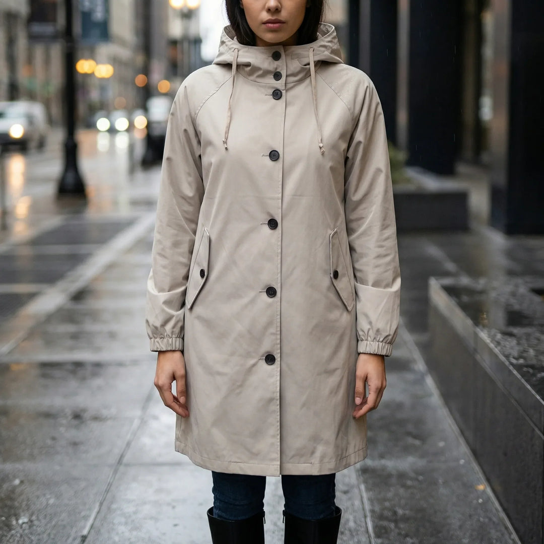 Drizzlux - Hooded Knee-Length Rain Trench Coat